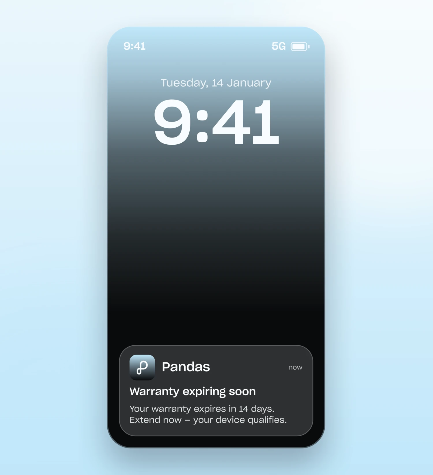 Push notification: your warranty expires in 14 days — extend now, your device qualifies